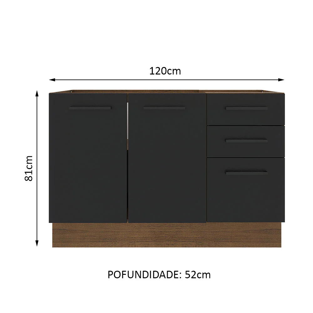 Balcão Gabinete de Pia Madesa Agata 2 Portas e 3 Gavetas (Sem Tampo e Pia) Rustic/Preto - Image 2
