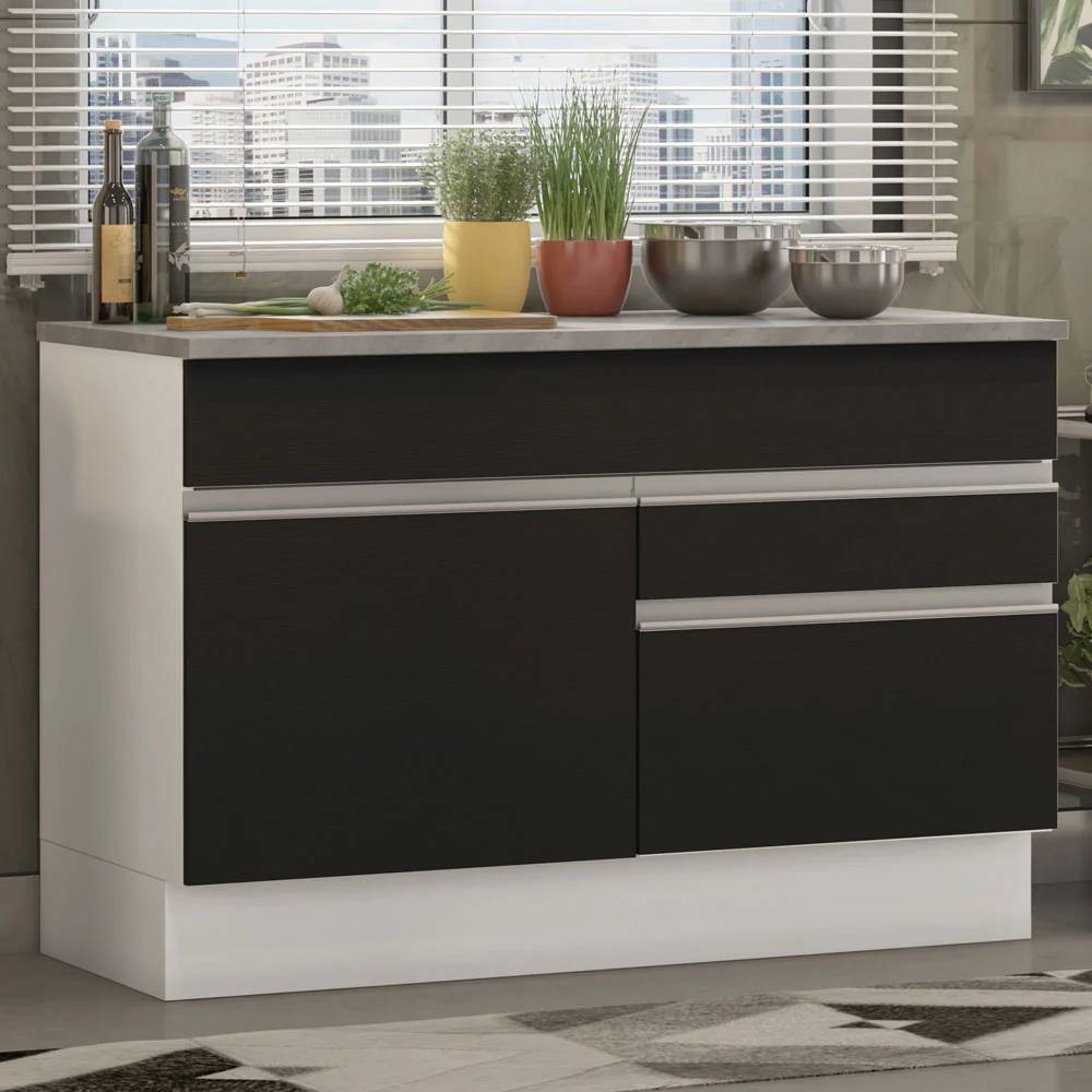 Balcão Madesa Glamy 120 cm 1 Porta e 2 Gavetas (Com Tampo) Branco/Preto - Image 2