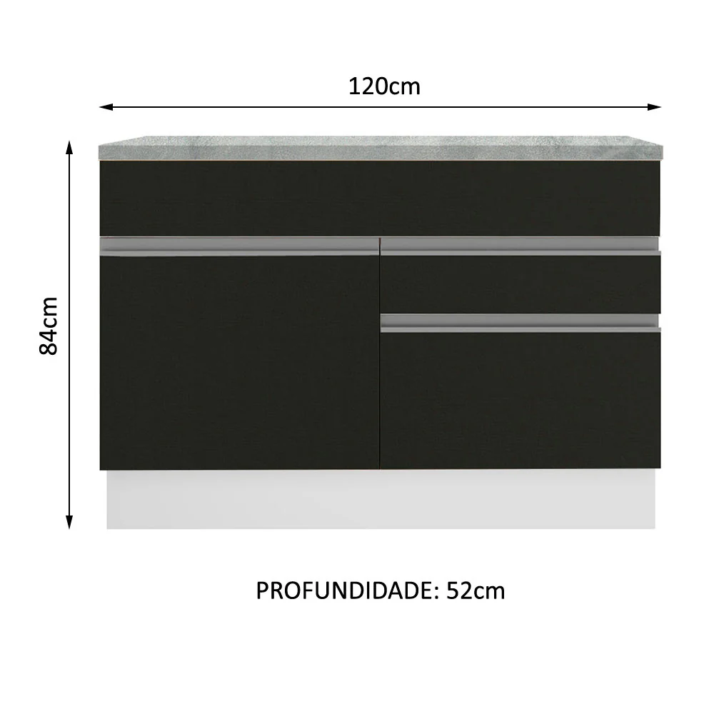 Balcão Madesa Glamy 120 cm 1 Porta e 2 Gavetas (Com Tampo) Branco/Preto - Image 3