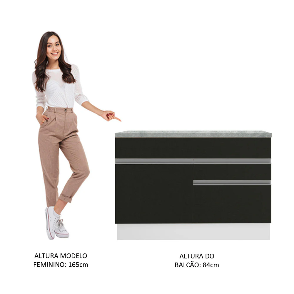 Balcão Madesa Glamy 120 cm 1 Porta e 2 Gavetas (Com Tampo) Branco/Preto - Image 6