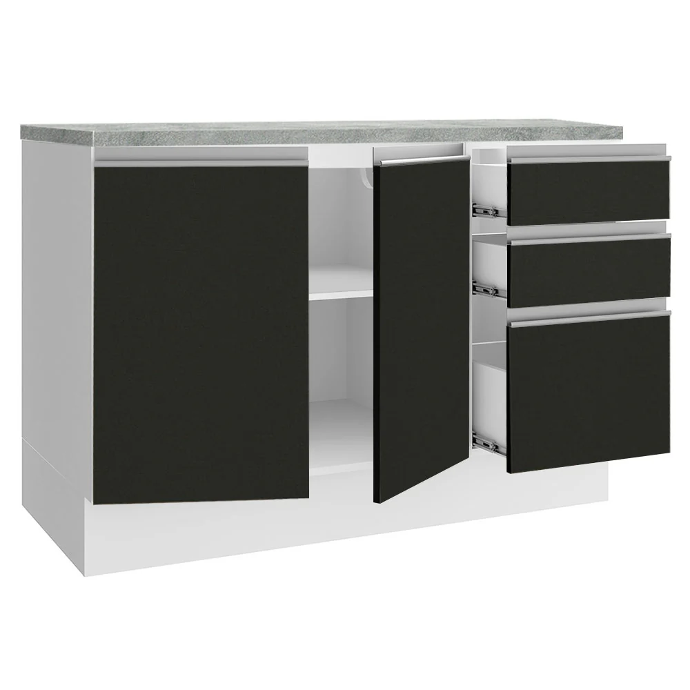 Balcão Madesa Glamy 120 cm 2 Portas e 3 Gavetas (Com Tampo) Branco/Preto - Image 5