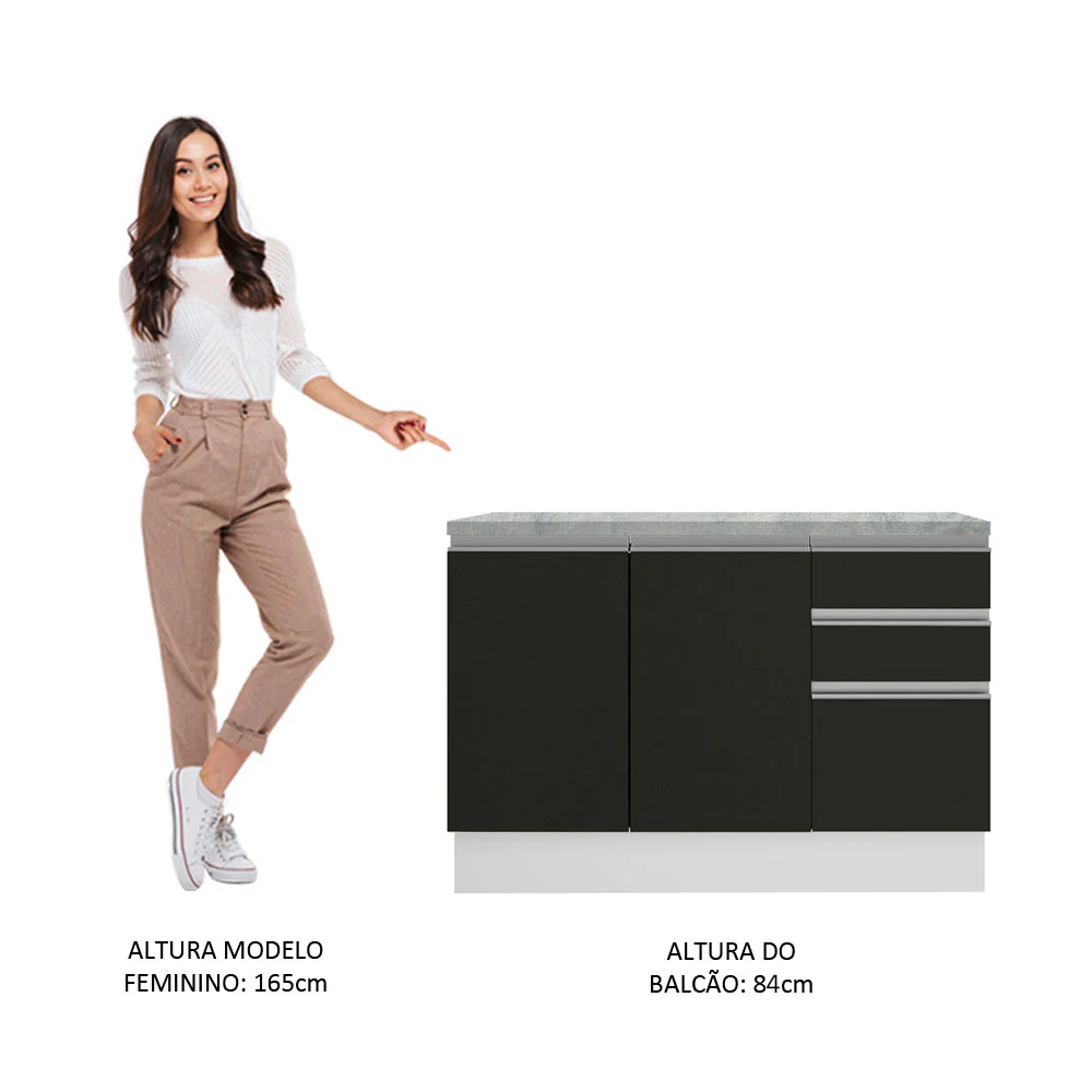 Balcão Madesa Glamy 120 cm 2 Portas e 3 Gavetas (Com Tampo) Branco/Preto - Image 6