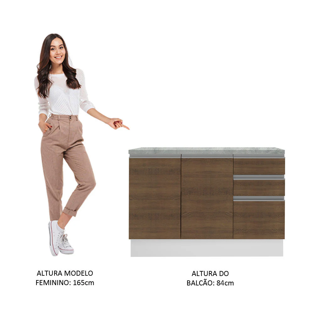 Balcão Madesa Glamy 120 cm 2 Portas e 3 Gavetas (Com Tampo) Branco/Rustic - Image 6