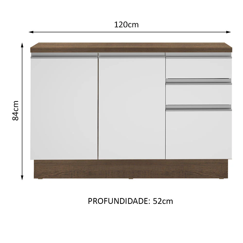 Balcão Madesa Glamy 120 cm 2 Portas e 3 Gavetas (Com Tampo) Rustic/Branco - Image 3