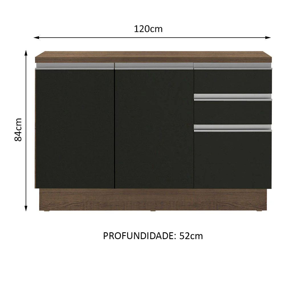 Balcão Madesa Glamy 120 cm 2 Portas e 3 Gavetas (Com Tampo) Rustic/Preto - Image 3