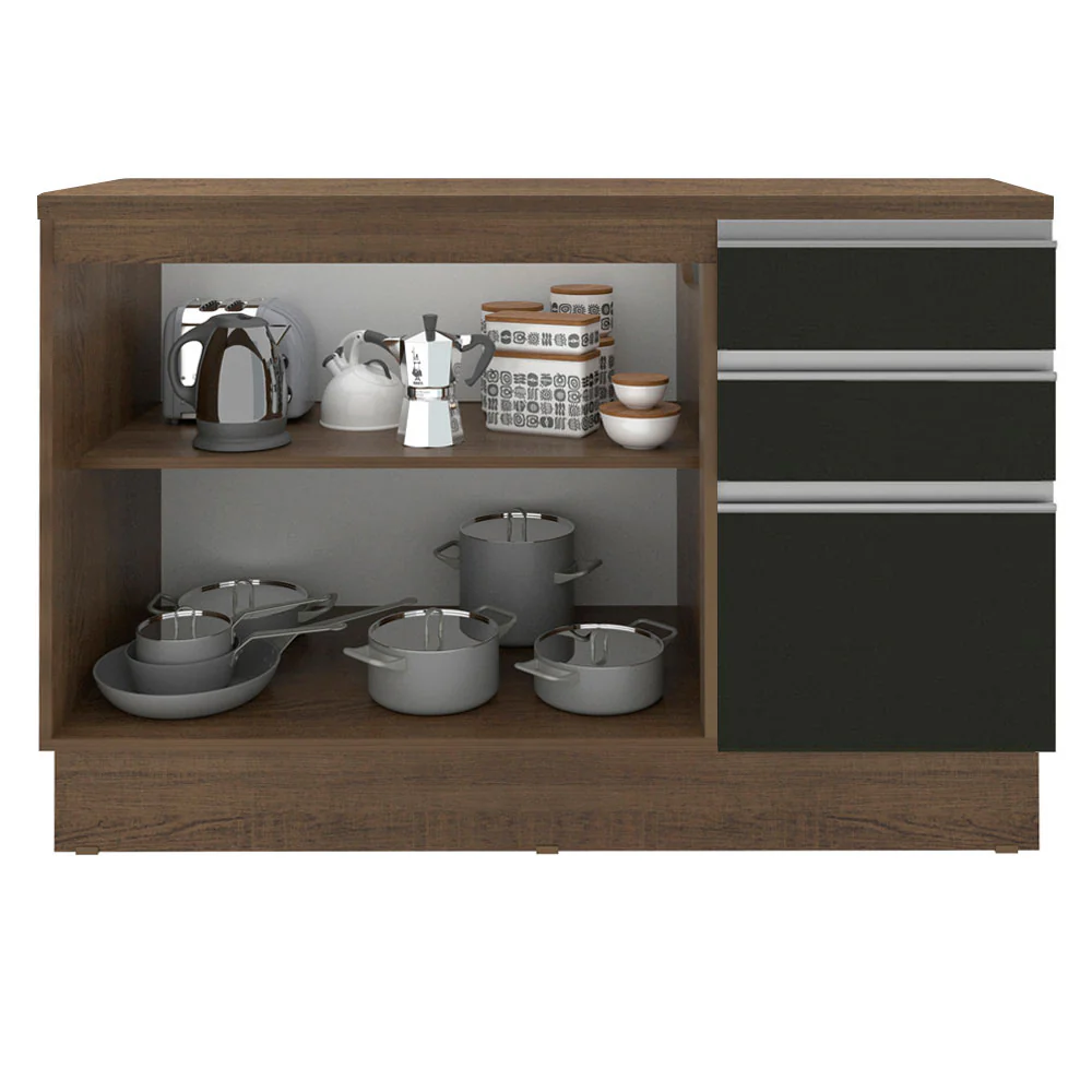 Balcão Madesa Glamy 120 cm 2 Portas e 3 Gavetas (Com Tampo) Rustic/Preto - Image 4