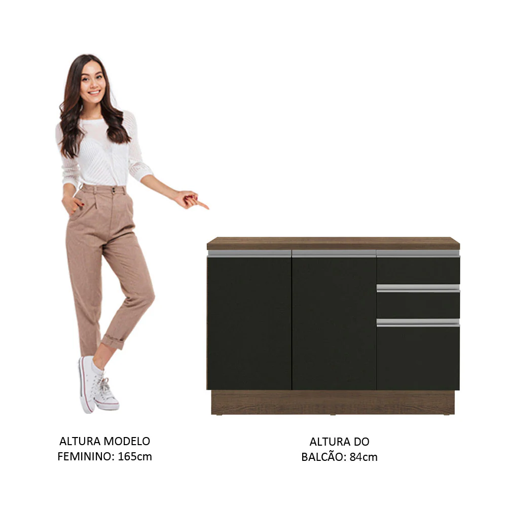 Balcão Madesa Glamy 120 cm 2 Portas e 3 Gavetas (Com Tampo) Rustic/Preto - Image 6