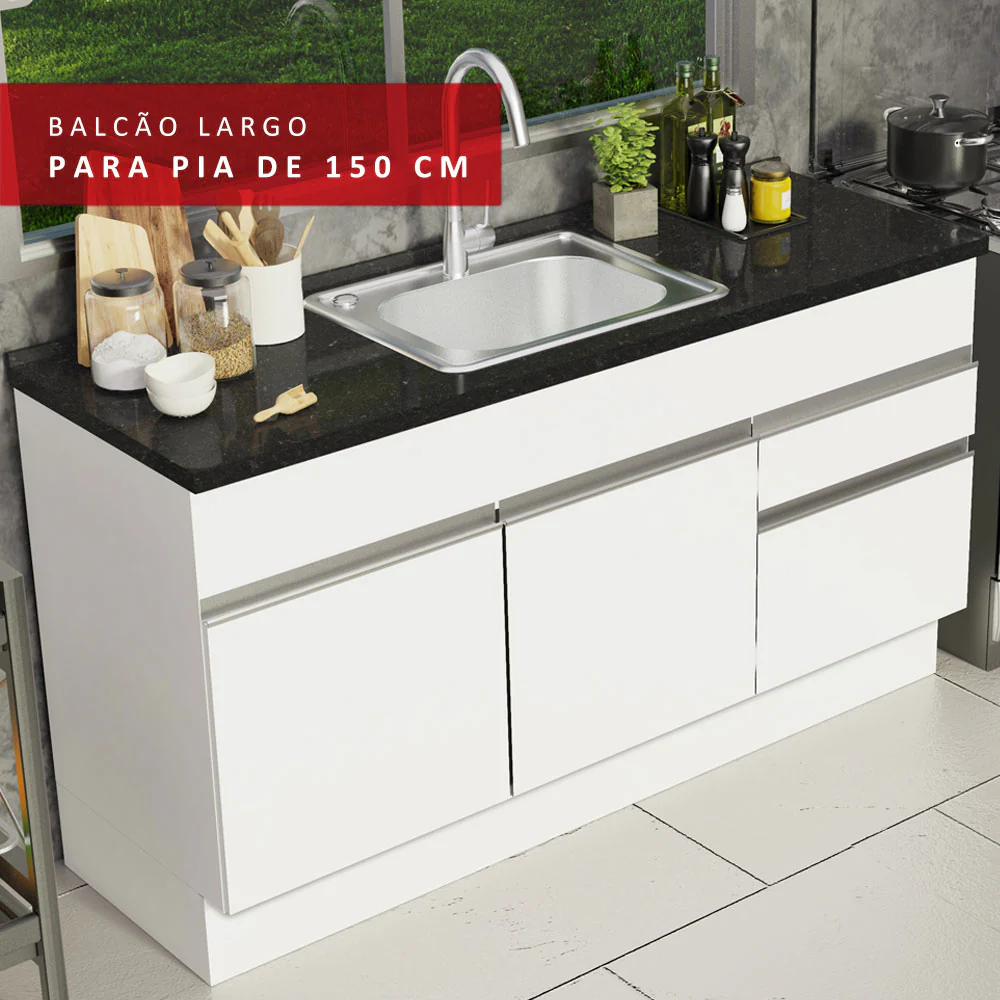 Balcão de Pia Madesa Glamy 150 cm 2 Portas e 2 Gavetas (Sem Tampo e Pia) Branco - Image 7