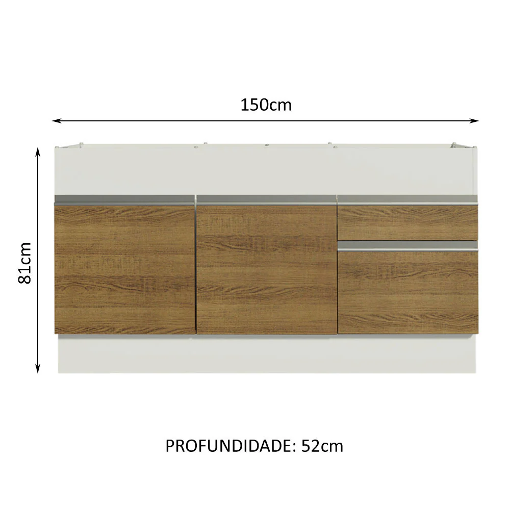 Balcão de Pia Madesa Glamy 150 cm 2 Portas e 2 Gavetas (Sem Tampo e Pia) Branco/Rustic - Image 3