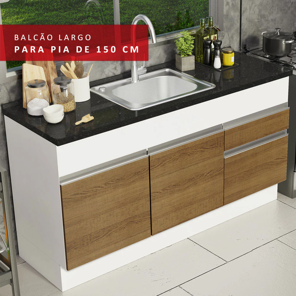 Balcão de Pia Madesa Glamy 150 cm 2 Portas e 2 Gavetas (Sem Tampo e Pia) Branco/Rustic - Image 7