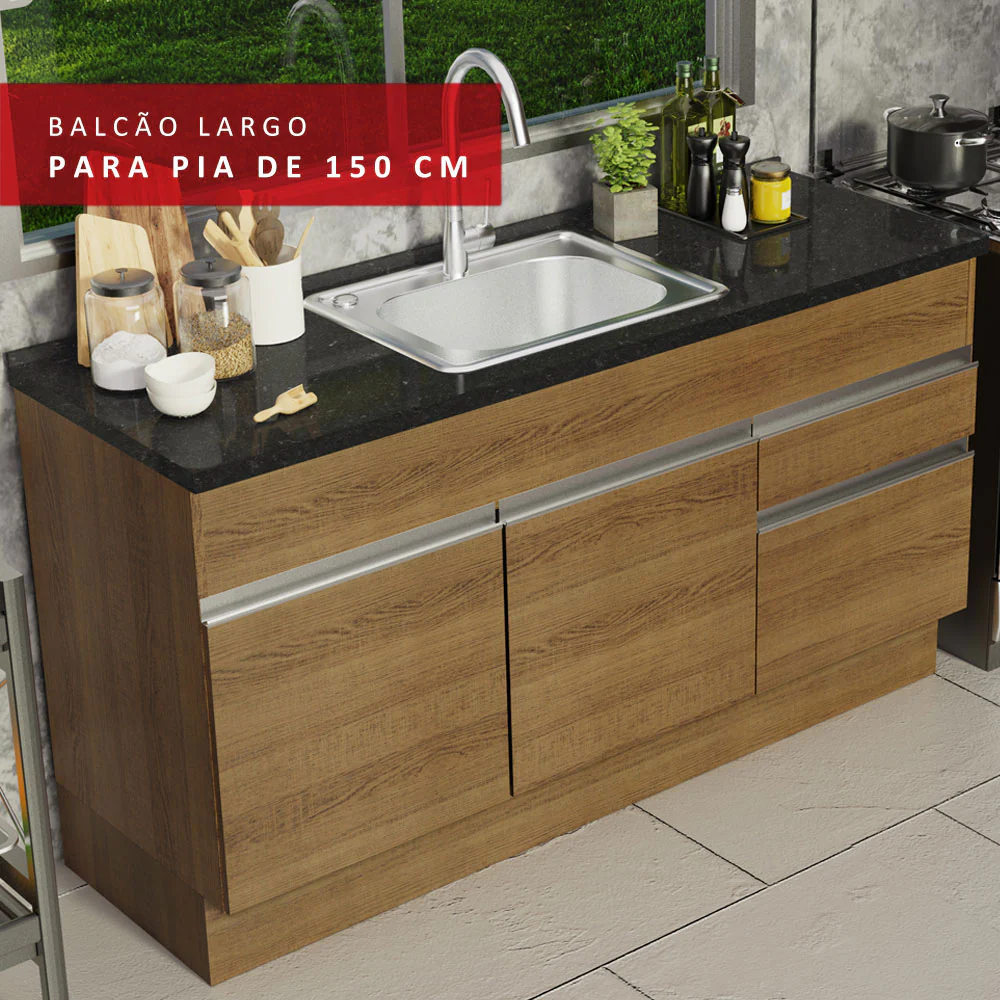 Balcão de Pia Madesa Glamy 150 cm 2 Portas e 2 Gavetas (Sem Tampo e Pia) Rustic - Image 7