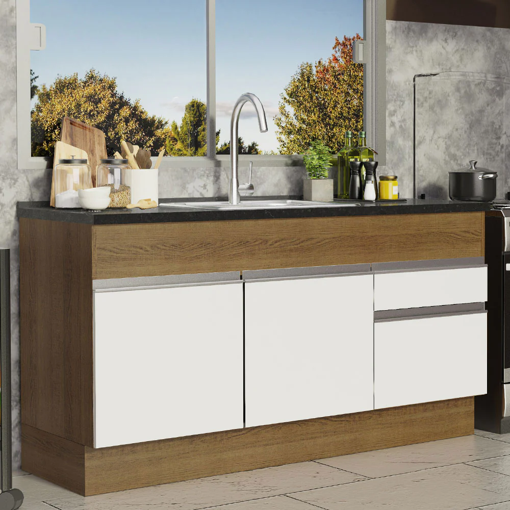 Balcão de Pia Madesa Glamy 150 cm 2 Portas e 2 Gavetas (Sem Tampo e Pia) Rustic/Branco - Image 2