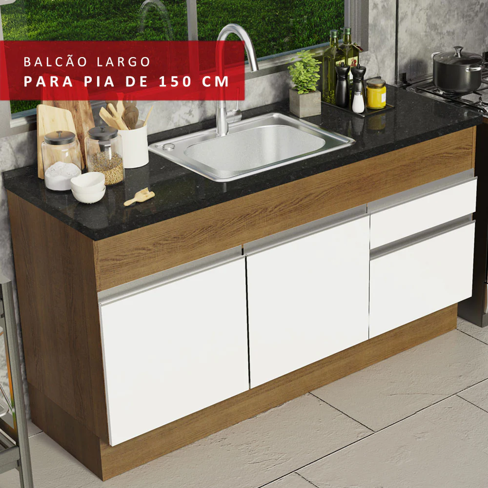 Balcão de Pia Madesa Glamy 150 cm 2 Portas e 2 Gavetas (Sem Tampo e Pia) Rustic/Branco - Image 7