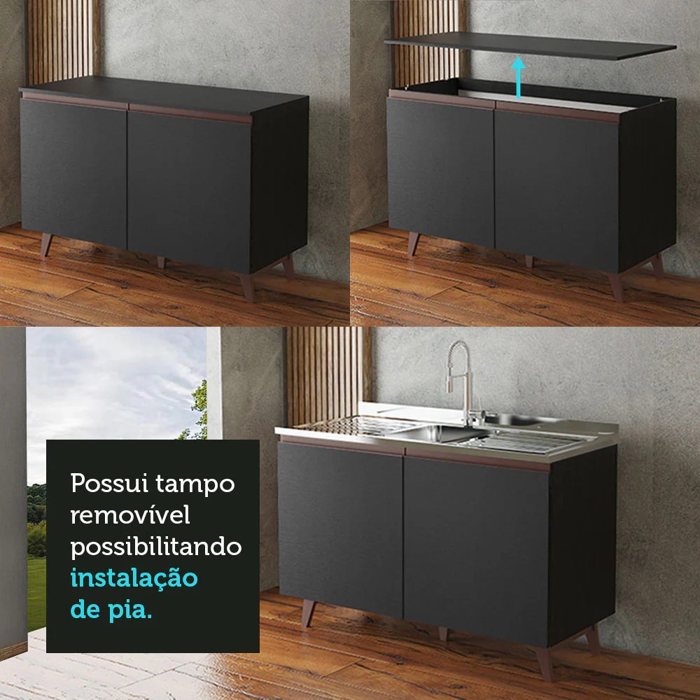 Balcão Gabinete de Pia Madesa Reims 2 Portas Preto - Image 9