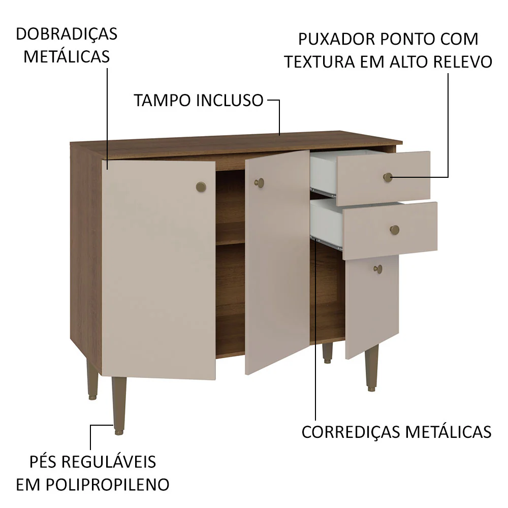 Balcão Gabinete 3 Portas 2 Gavetas Rustic/Crema Gourmet Madesa - Image 3