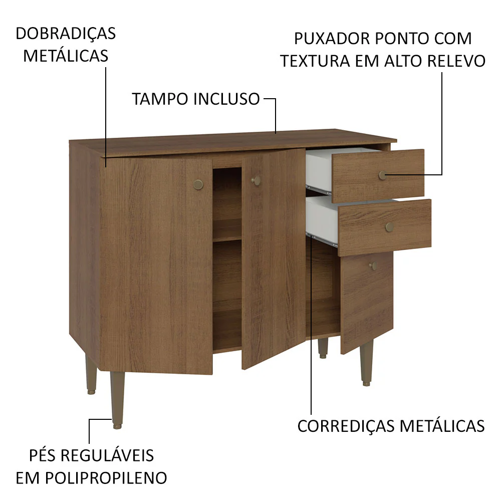 Balcão Gabinete 3 Portas 2 Gavetas Rustic Gourmet Madesa - Image 3