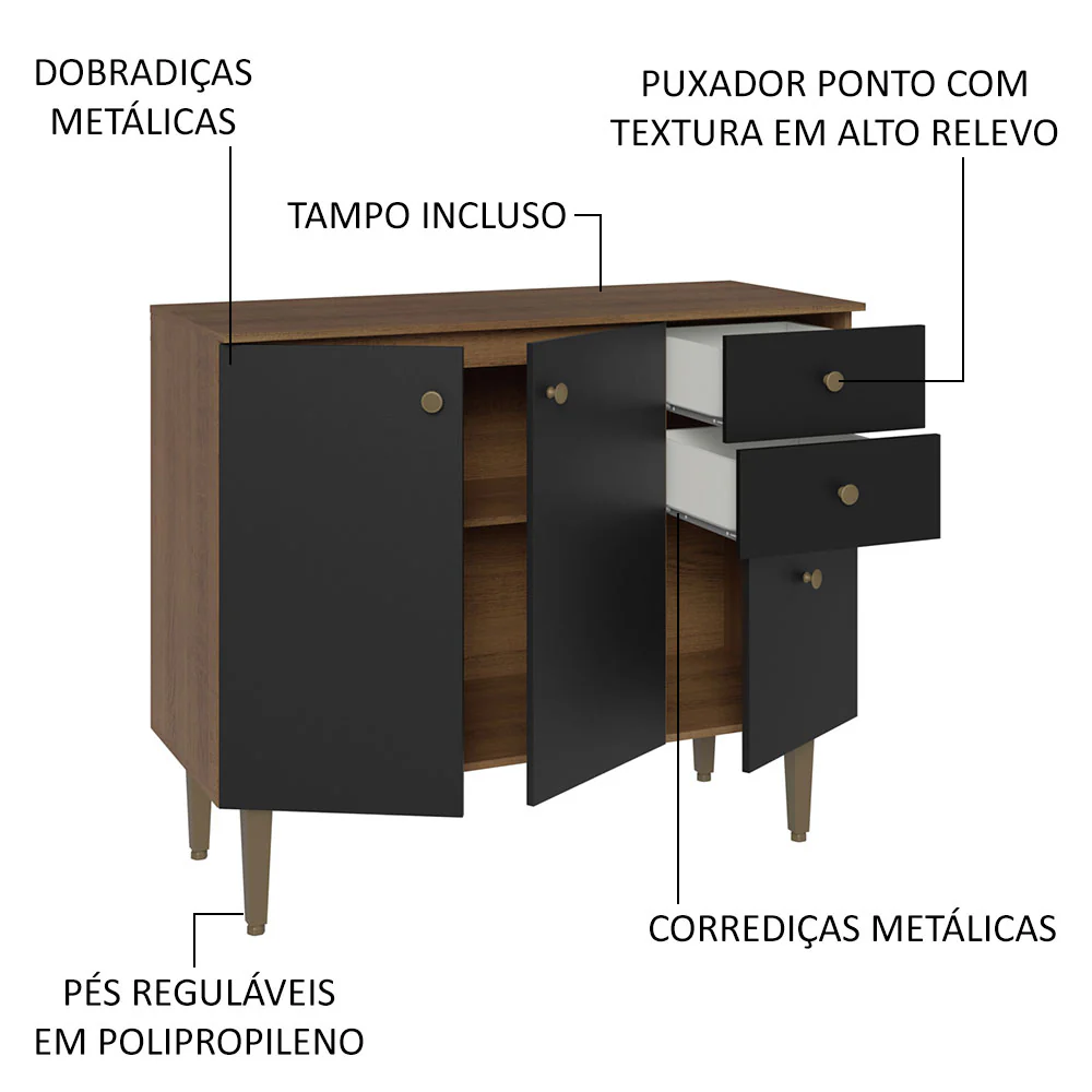 Balcão Gabinete 3 Portas 2 Gavetas Rustic/Preto Gourmet Madesa - Image 3