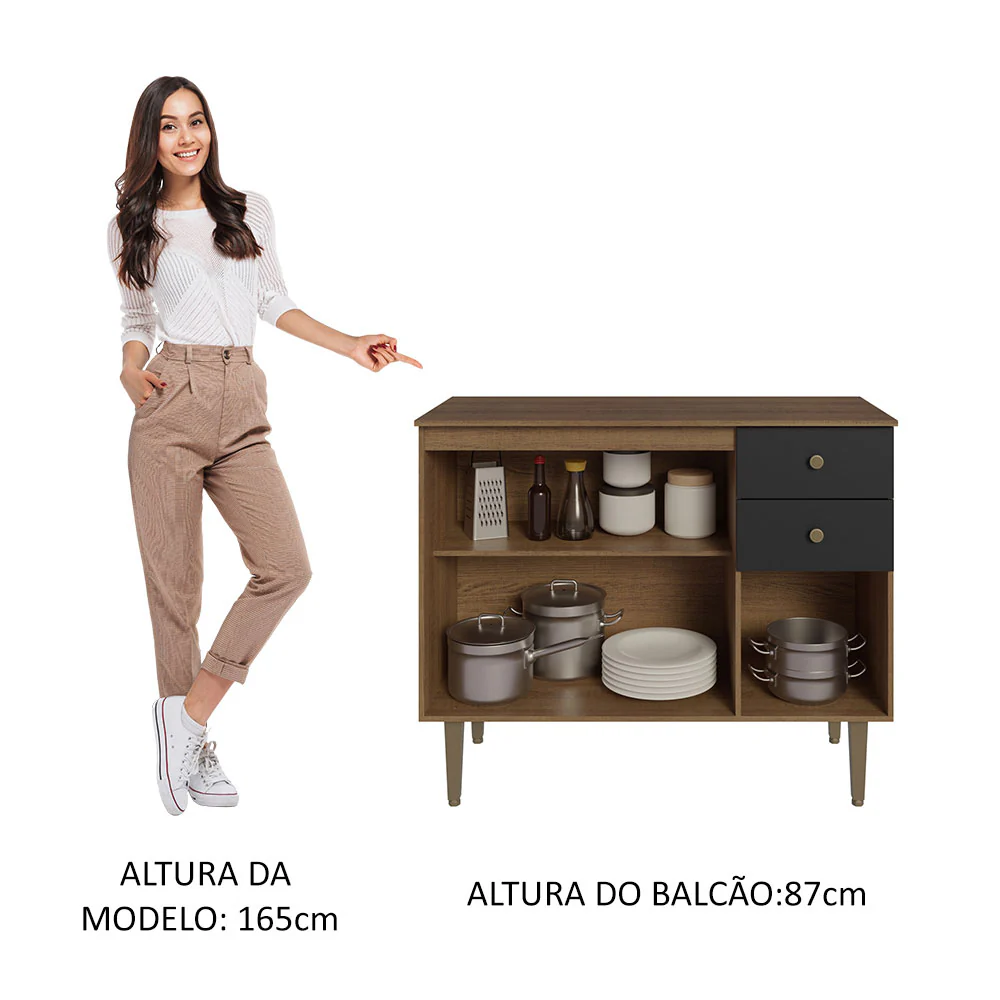 Balcão Gabinete 3 Portas 2 Gavetas Rustic/Preto Gourmet Madesa - Image 4
