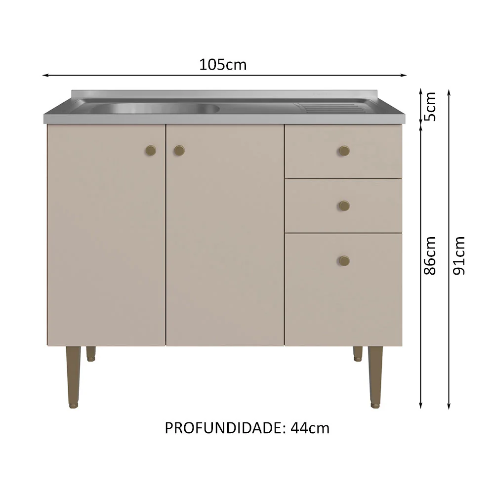 Balcão Gabinete com Pia 3 Portas e 2 Gavetas 105cm Rustic/Crema Gourmet Madesa - Image 2