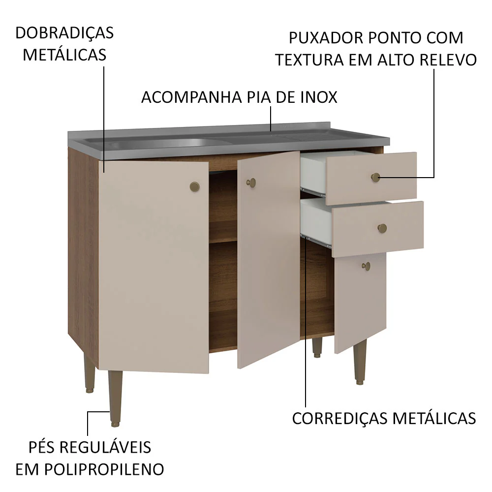 Balcão Gabinete com Pia 3 Portas e 2 Gavetas 105cm Rustic/Crema Gourmet Madesa - Image 3