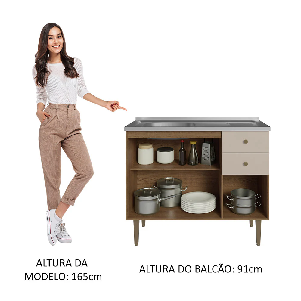 Balcão Gabinete com Pia 3 Portas e 2 Gavetas 105cm Rustic/Crema Gourmet Madesa - Image 4