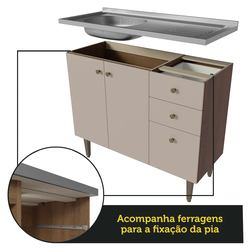 Balcão Gabinete com Pia 3 Portas e 2 Gavetas 105cm Rustic/Crema Gourmet Madesa - Image 9