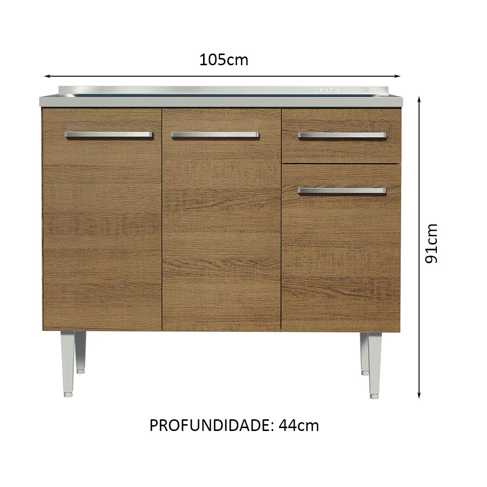 Balcão Gabinete com Pia 3 Portas e 1 Gaveta 105cm Rustic Emilly Madesa - Image 2