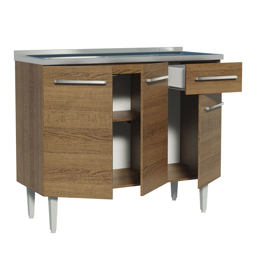 Balcão Gabinete com Pia 3 Portas e 1 Gaveta 105cm Rustic Emilly Madesa - Image 3