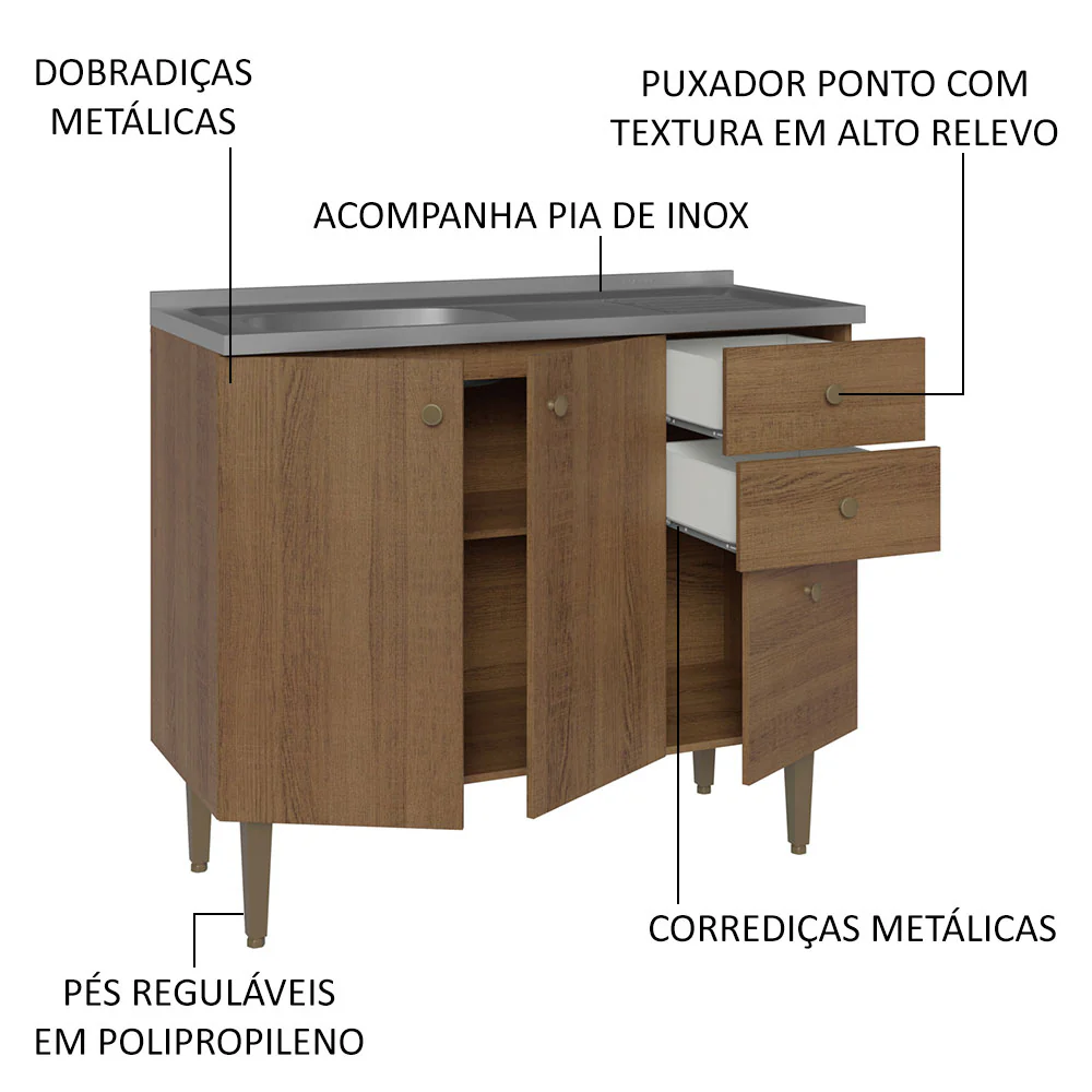 Balcão Gabinete com Pia 3 Portas e 2 Gavetas 105cm Rustic Gourmet Madesa - Image 3