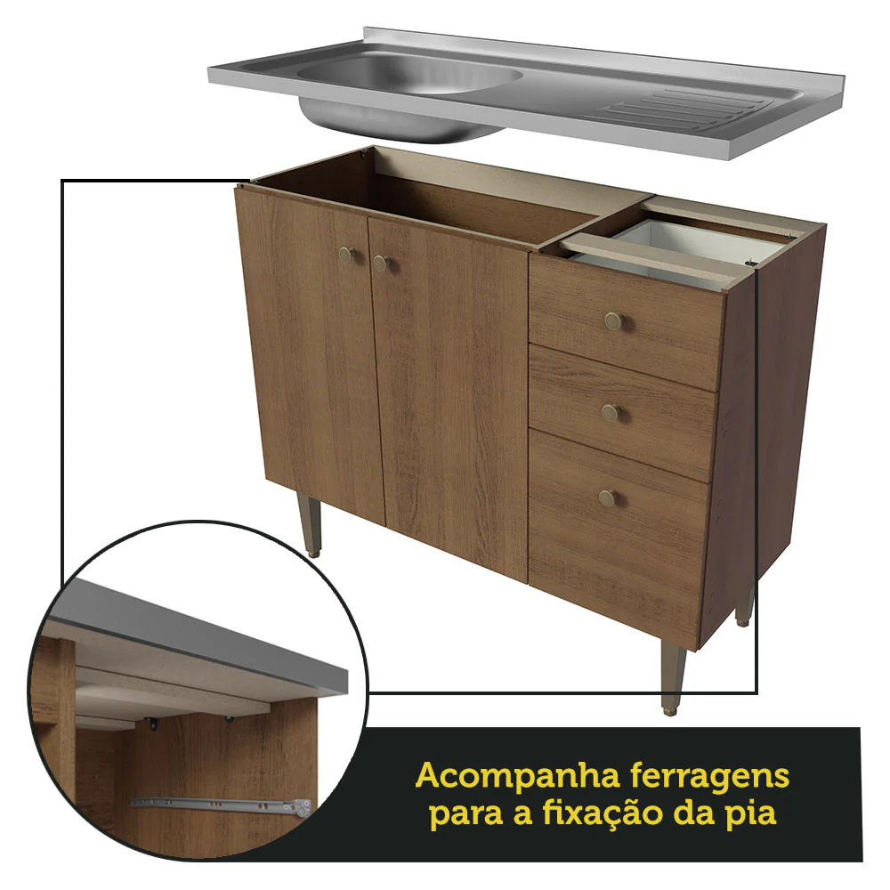 Balcão Gabinete com Pia 3 Portas e 2 Gavetas 105cm Rustic Gourmet Madesa - Image 9