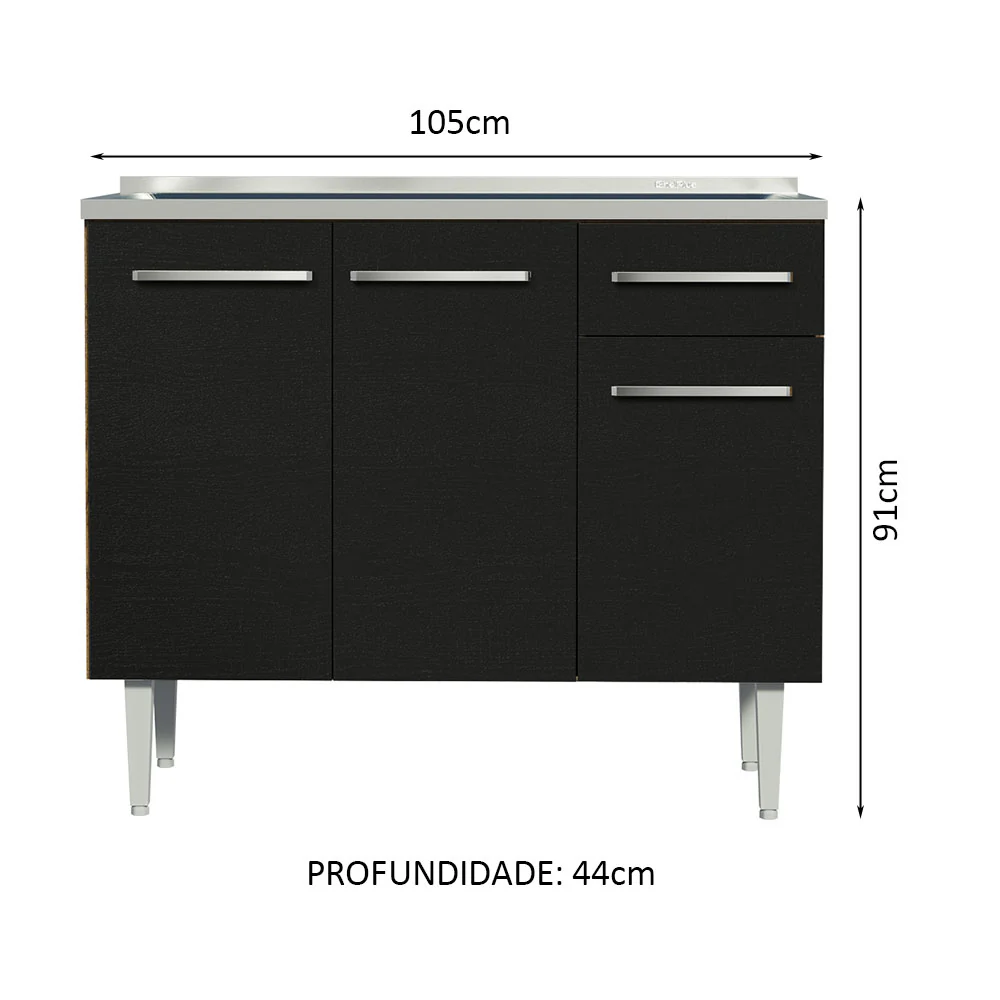 Balcão Gabinete com Pia 3 Portas e 1 Gaveta 105cm Rustic/Preto Emilly Madesa - Image 2