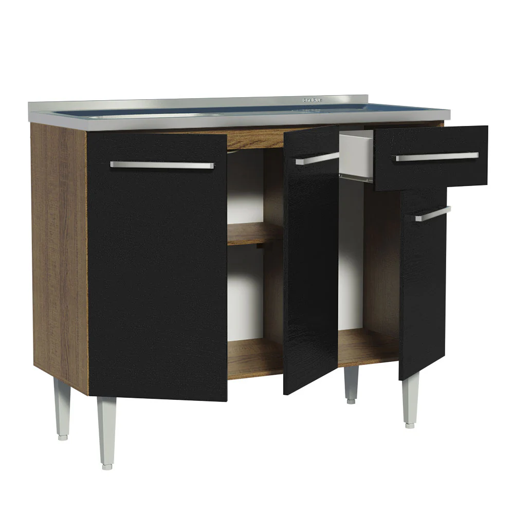 Balcão Gabinete com Pia 3 Portas e 1 Gaveta 105cm Rustic/Preto Emilly Madesa - Image 3