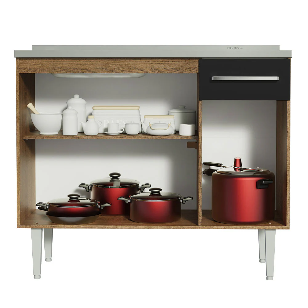 Balcão Gabinete com Pia 3 Portas e 1 Gaveta 105cm Rustic/Preto Emilly Madesa - Image 4