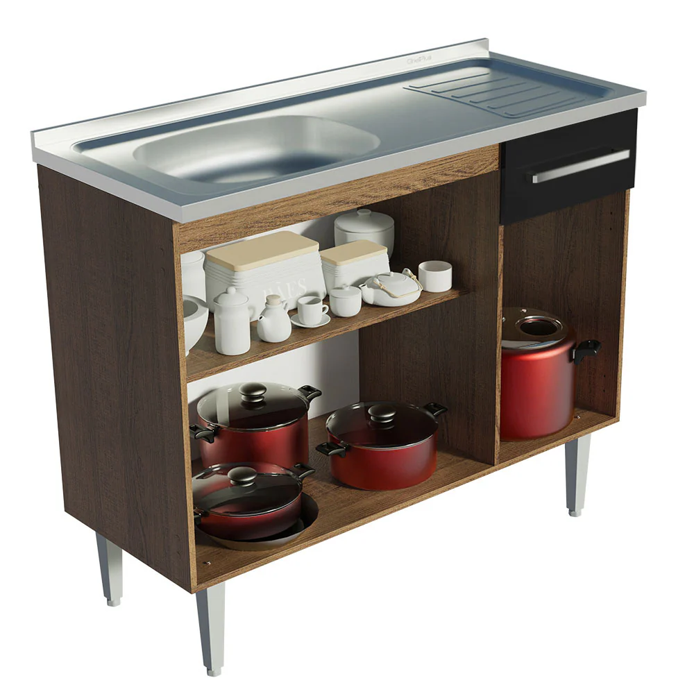 Balcão Gabinete com Pia 3 Portas e 1 Gaveta 105cm Rustic/Preto Emilly Madesa - Image 6
