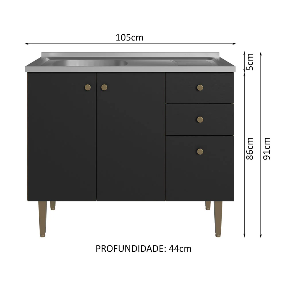 Balcão Gabinete com Pia 3 Portas e 2 Gavetas 105cm Rustic/Preto Gourmet Madesa - Image 2