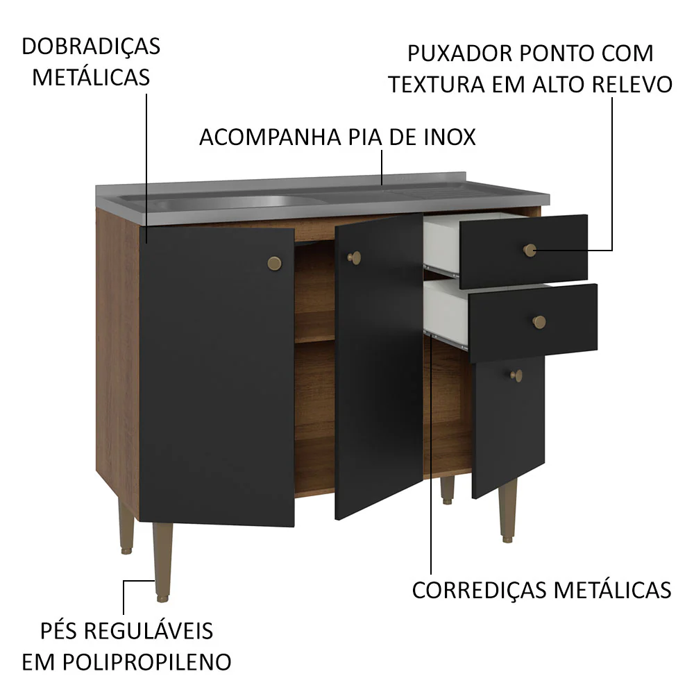 Balcão Gabinete com Pia 3 Portas e 2 Gavetas 105cm Rustic/Preto Gourmet Madesa - Image 3