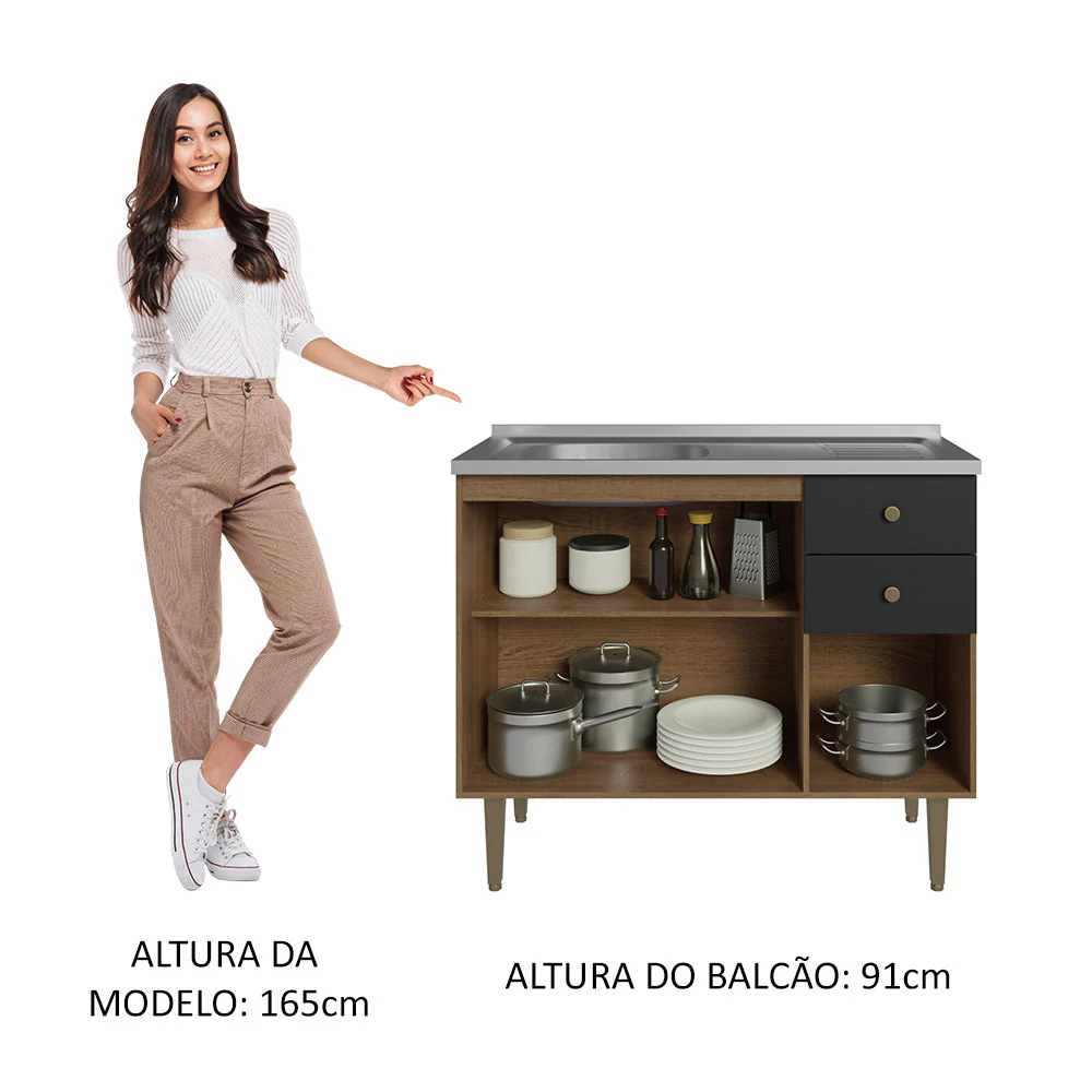 Balcão Gabinete com Pia 3 Portas e 2 Gavetas 105cm Rustic/Preto Gourmet Madesa - Image 4