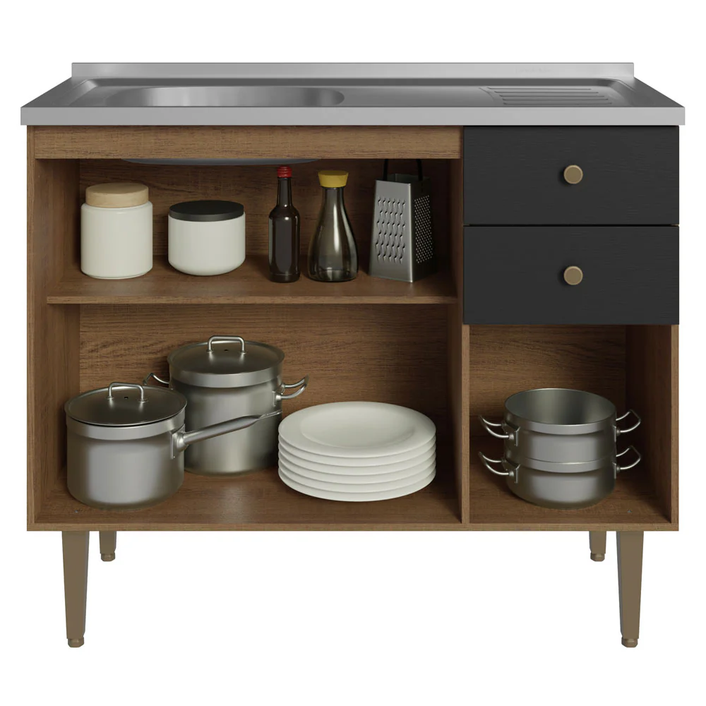 Balcão Gabinete com Pia 3 Portas e 2 Gavetas 105cm Rustic/Preto Gourmet Madesa - Image 5