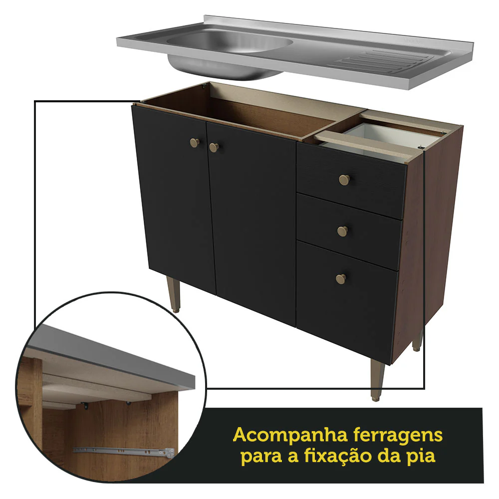 Balcão Gabinete com Pia 3 Portas e 2 Gavetas 105cm Rustic/Preto Gourmet Madesa - Image 9