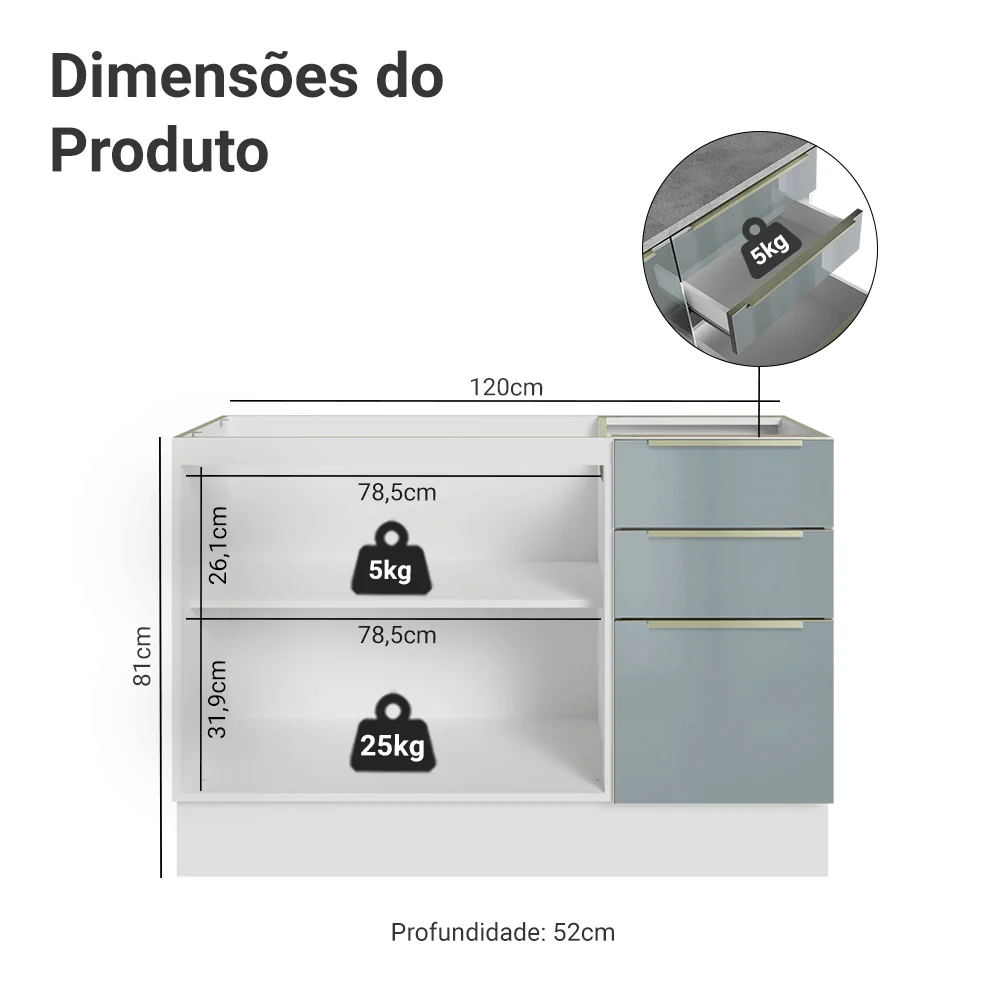 Balcão Gabinete de Pia 120 cm 2 Portas 3 Gavetas (Sem Tampo) Branco/Cinza Lux Madesa - Image 2