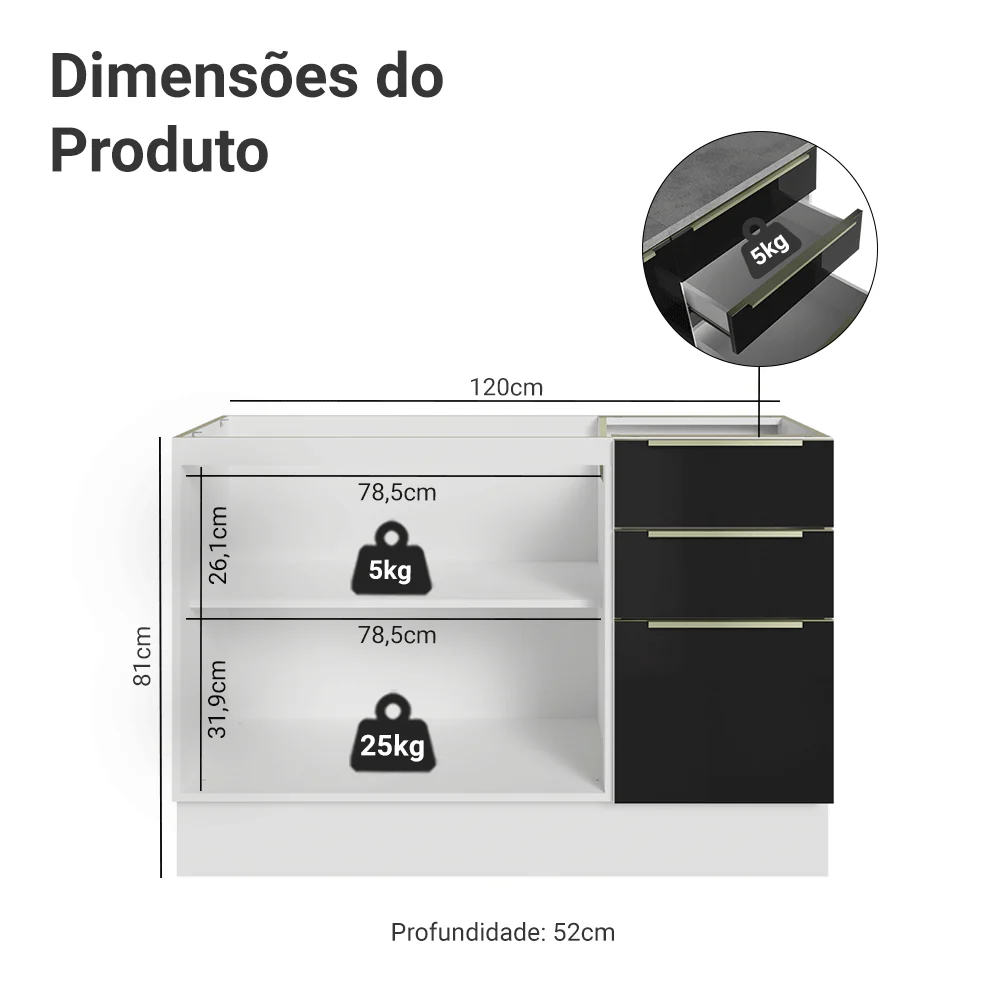Balcão Gabinete de Pia 120 cm 2 Portas 3 Gavetas (Sem Tampo) Branco/Preto Lux Madesa - Image 2