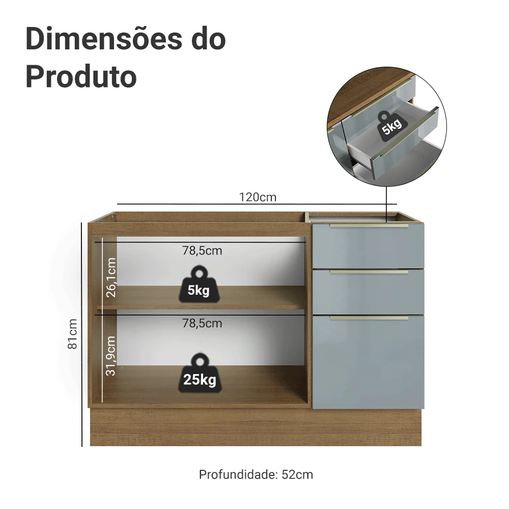 Balcão Gabinete de Pia 120 cm 2 Portas 3 Gavetas (Sem Tampo) Rustic/Cinza Lux Madesa - Image 2