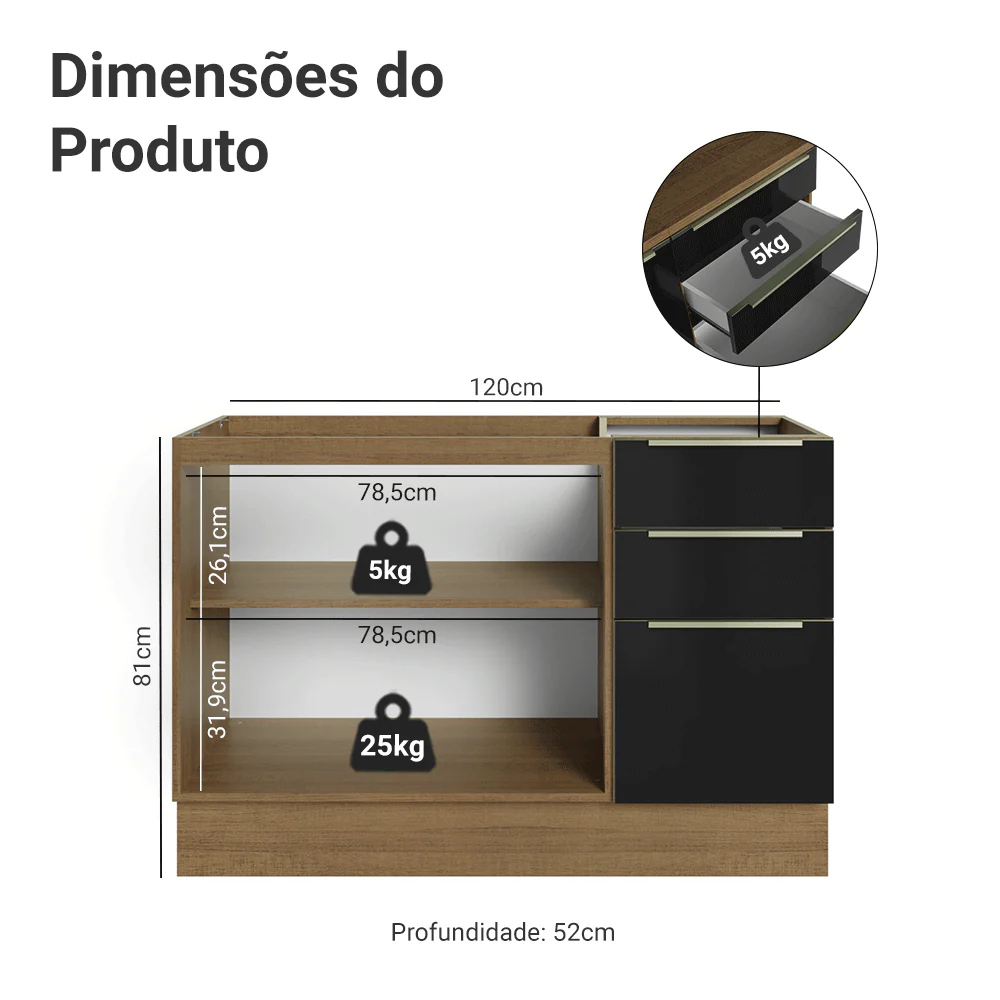Balcão Gabinete de Pia 120 cm 2 Portas 3 Gavetas (Sem Tampo) Rustic/Preto Lux Madesa - Image 2