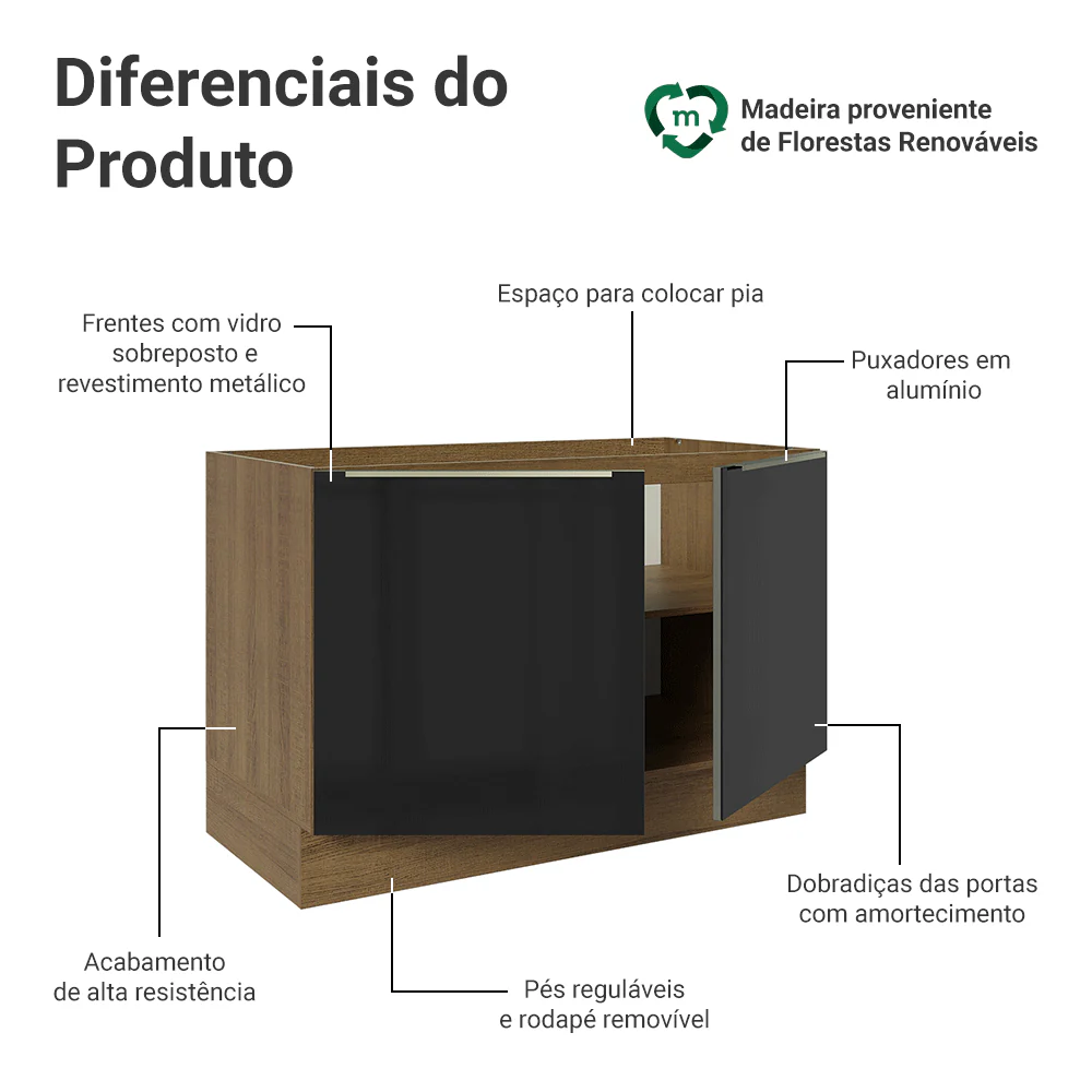 Balcão Gabinete de Pia 120 cm 2 Portas (Sem Tampo) Rustic/Preto Lux Madesa - Image 3
