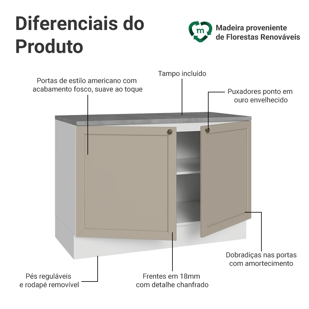 Balcão Gabinete de Pia 120 cm (Com Tampo) Branco/Crema Vik Madesa - Image 3