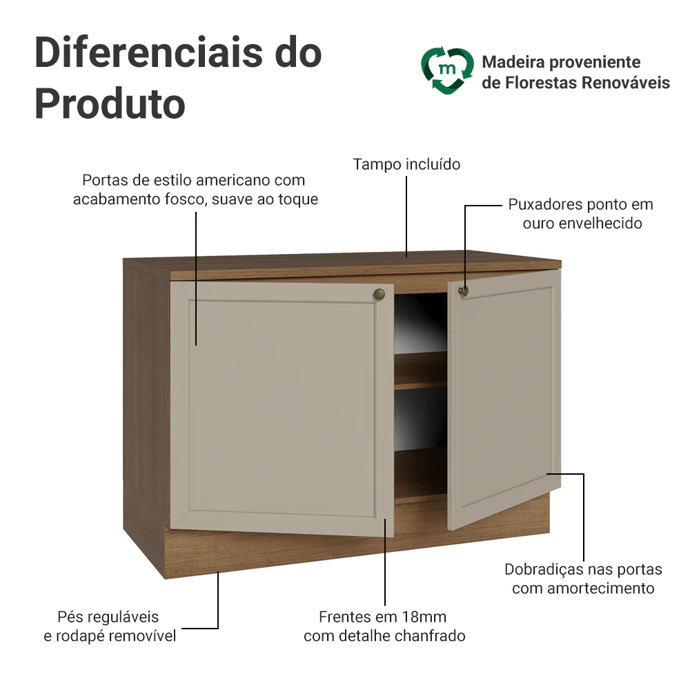 Balcão Gabinete de Pia 120 cm (Com Tampo) Rustic/Crema Vik Madesa - Image 3