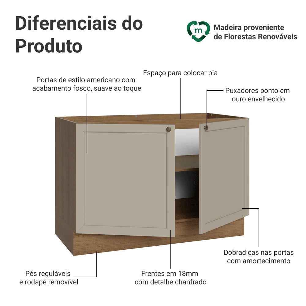 Balcão Gabinete de Pia 120 cm (Sem Tampo) Rustic/Crema Vik Madesa - Image 3