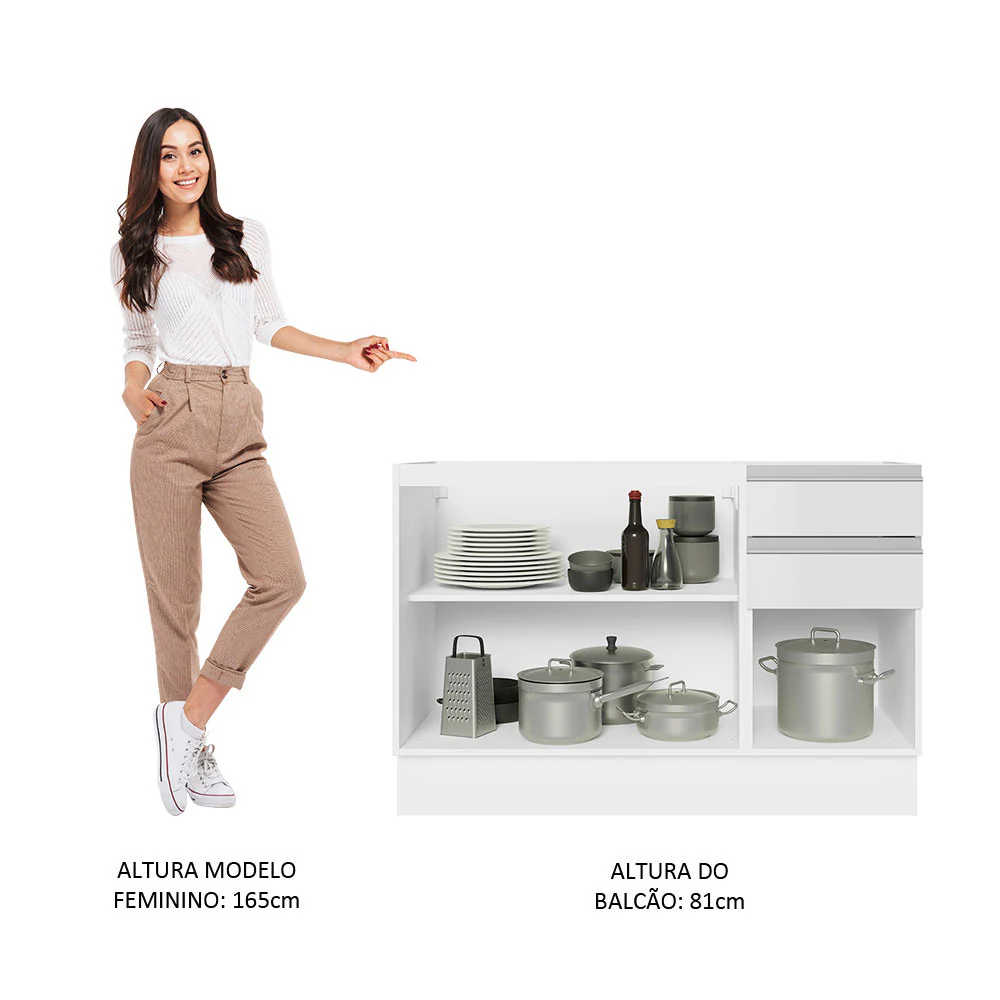 Balcão Gabinete de Pia Madesa Acordes 100% MDF 120 cm 3 Portas e 2 Gavetas Frentes Branco Brilho - Image 4