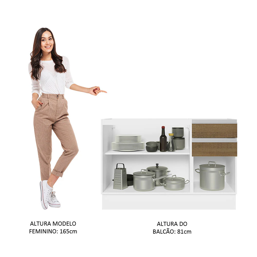 Balcão Gabinete de Pia Madesa Acordes 100% MDF 120 cm 3 Portas e 2 Gavetas Branco/Rustic - Image 4