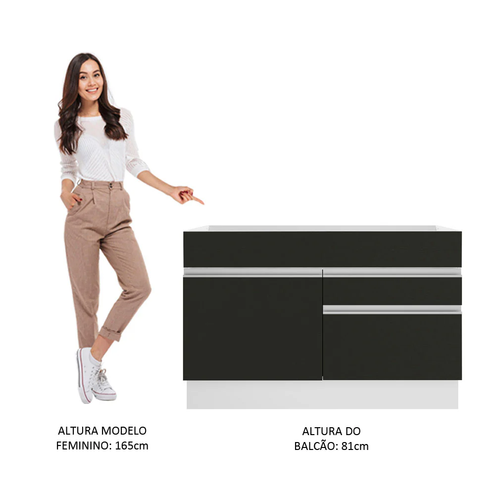 Balcão Gabinete de Pia Madesa Glamy 120 cm 1 Porta 2 Gavetas (Sem Tampo e Pia) Branco/Preto - Image 5